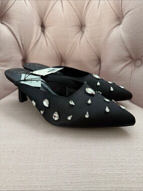 Embellished Black Pointed Toe Mule Heels